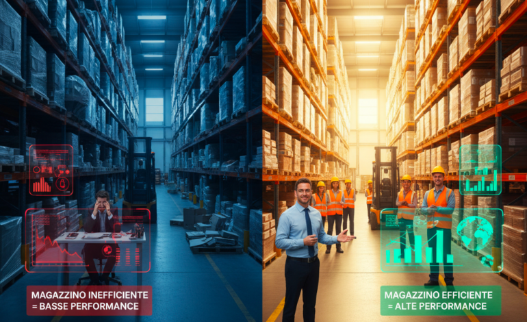 Confronto tra un magazzino disorganizzato e stressante (a sinistra) e un magazzino Fortunato Logistica organizzato e efficiente con personale contento e un manager soddisfatto (a destra), con grafici di performance.