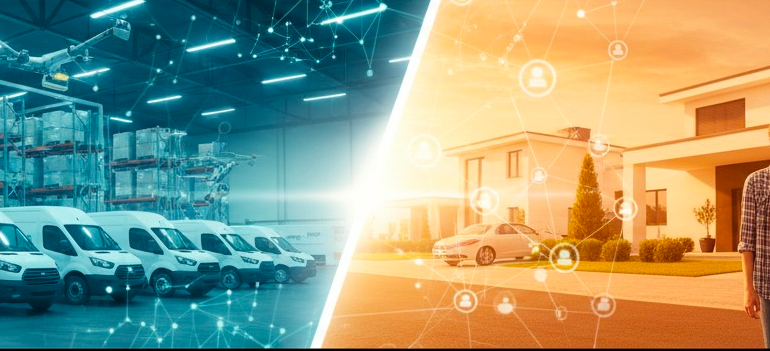 Contrasto tra un magazzino Fortunato Logistica altamente tecnologico con droni e operatori, e l'ultimo miglio con consegna a cliente finale, rappresentando le tendenze future della logistica.