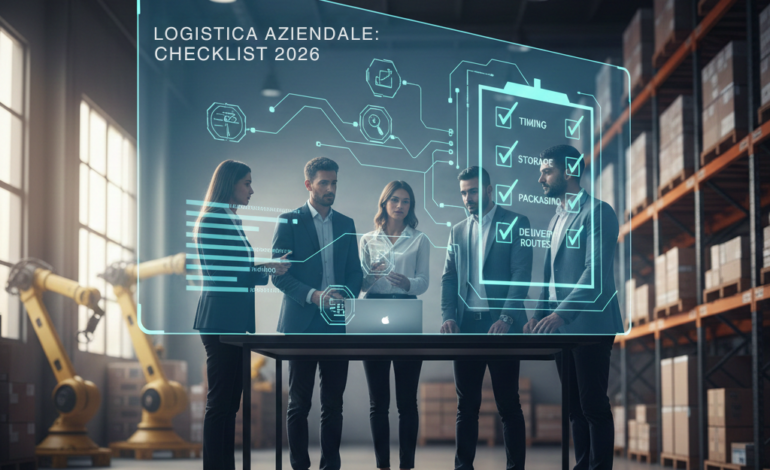 Team di esperti analizza una checklist digitale per la pianificazione della logistica aziendale in un magazzino moderno.