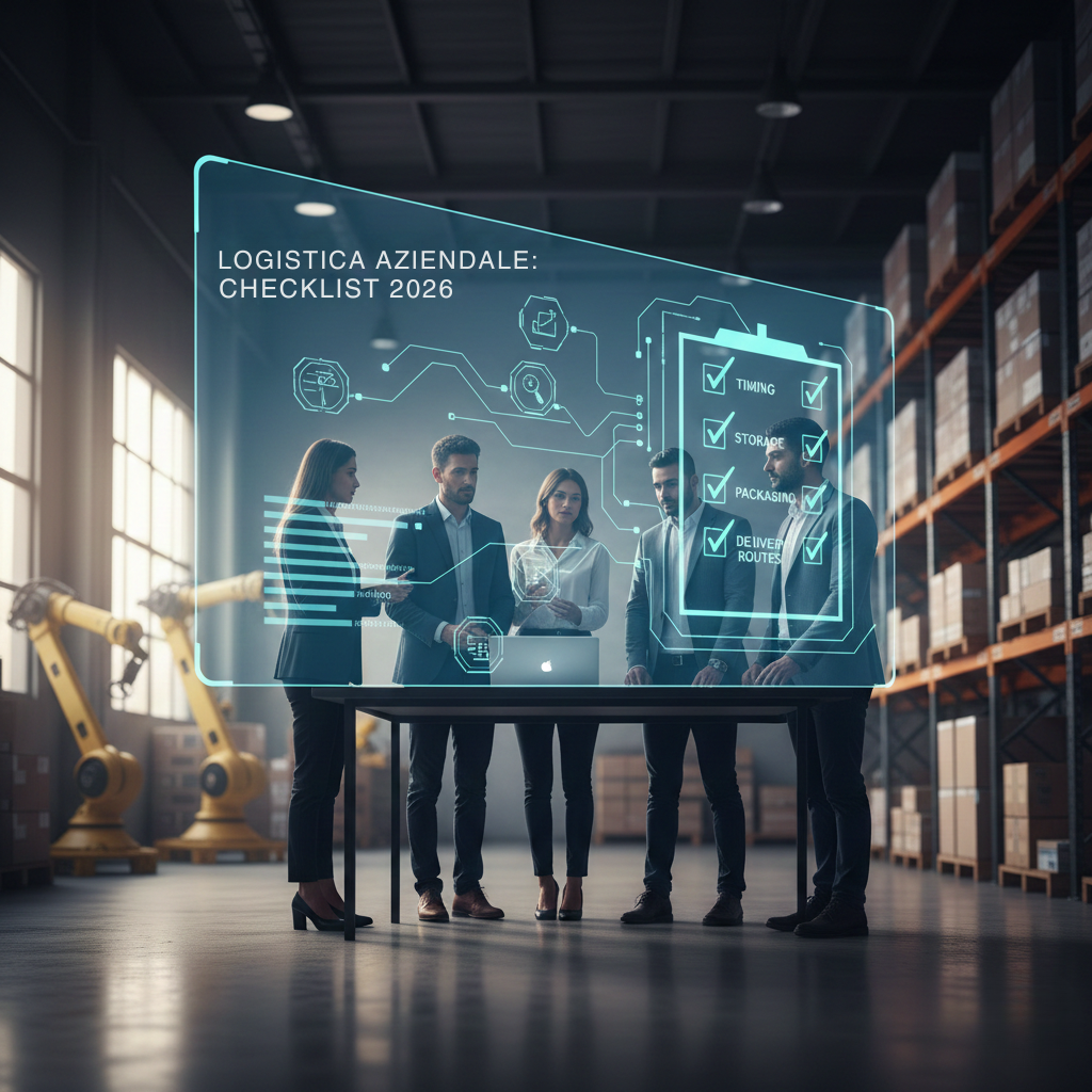Team di esperti analizza una checklist digitale per la pianificazione della logistica aziendale in un magazzino moderno.