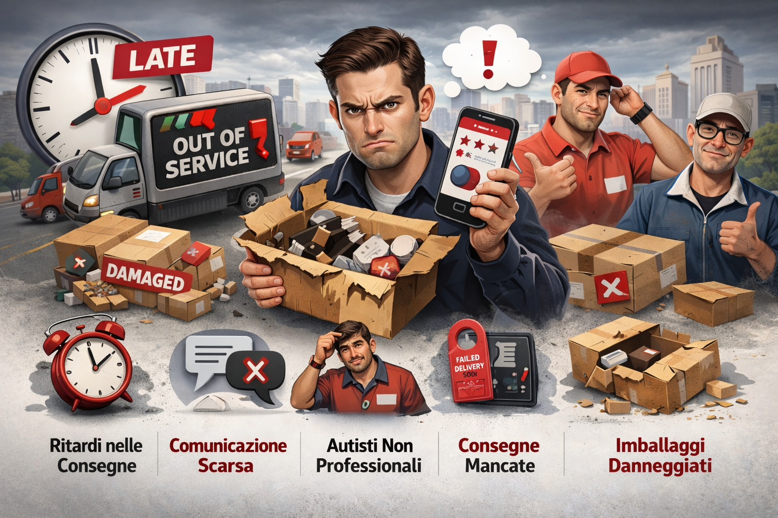 Cliente insoddisfatto con pacco danneggiato e problemi di consegna nell’ultimo miglio della logistica