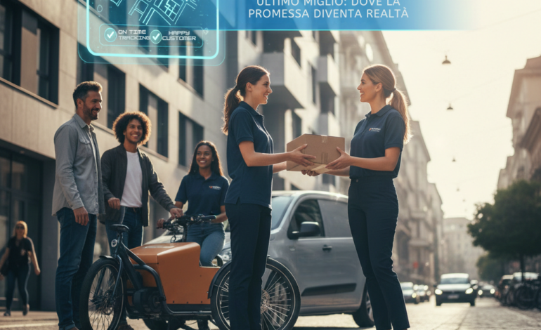 Consegna ultimo miglio di Fortunato Logistica: operatrice consegna un pacco a una cliente in un contesto urbano moderno.