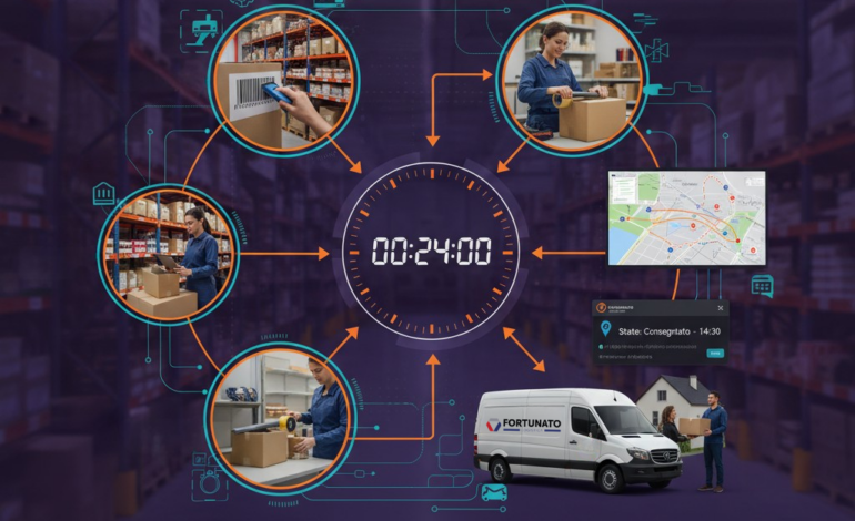 Infografica dettagliata sui processi di Fortunato Logistica che garantiscono consegne express in 24/48 ore, mostrando magazzino, picking, imballaggio, pianificazione, ultimo miglio e tecnologia.