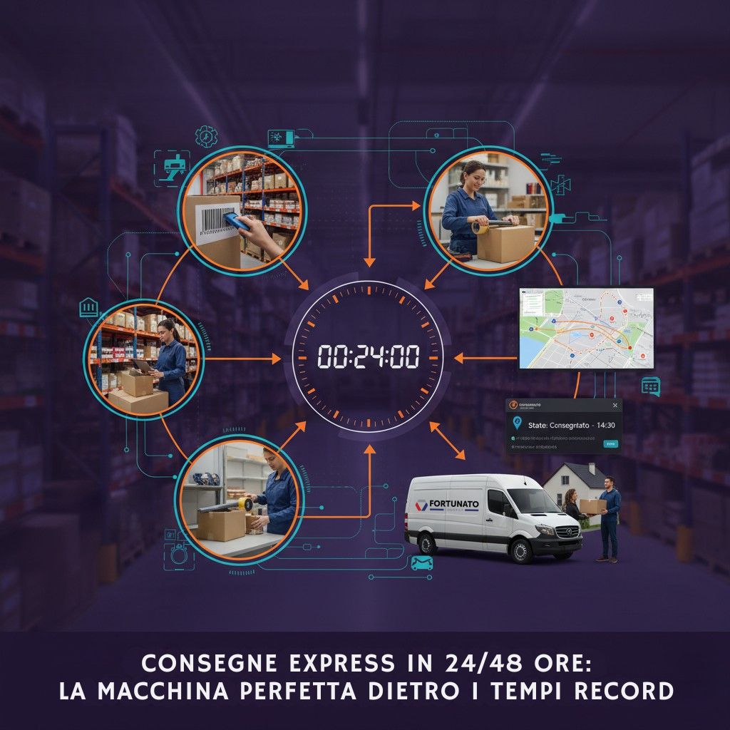 Infografica dettagliata sui processi di Fortunato Logistica che garantiscono consegne express in 24/48 ore, mostrando magazzino, picking, imballaggio, pianificazione, ultimo miglio e tecnologia.
