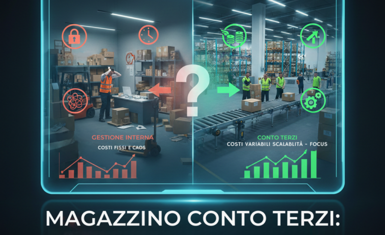Infografica comparativa tra gestione magazzino interna (caos e costi fissi) e magazzino conto terzi (efficienza e scalabilità) per aziende.