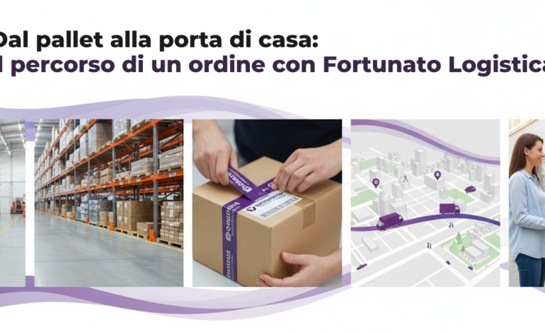 Rappresentazione visiva dettagliata del ciclo di vita di un ordine, includendo stoccaggio in magazzino, imballaggio personalizzato, pianificazione delle rotte e consegna finale al cliente. Simbolo di efficienza e cura nella logistica.