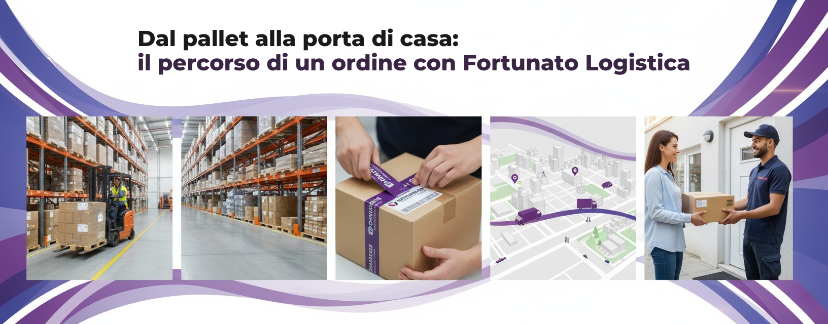 Rappresentazione visiva dettagliata del ciclo di vita di un ordine, includendo stoccaggio in magazzino, imballaggio personalizzato, pianificazione delle rotte e consegna finale al cliente. Simbolo di efficienza e cura nella logistica.