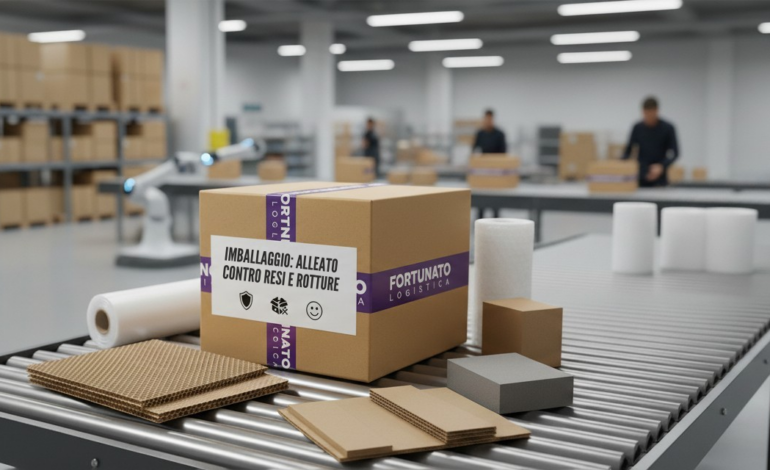 Rappresentazione visiva di un imballaggio ottimizzato su un nastro trasportatore in un magazzino moderno, simboleggiante l'efficienza logistica e la prevenzione di rotture e resi. Elementi di protezione dell'imballaggio visibili.