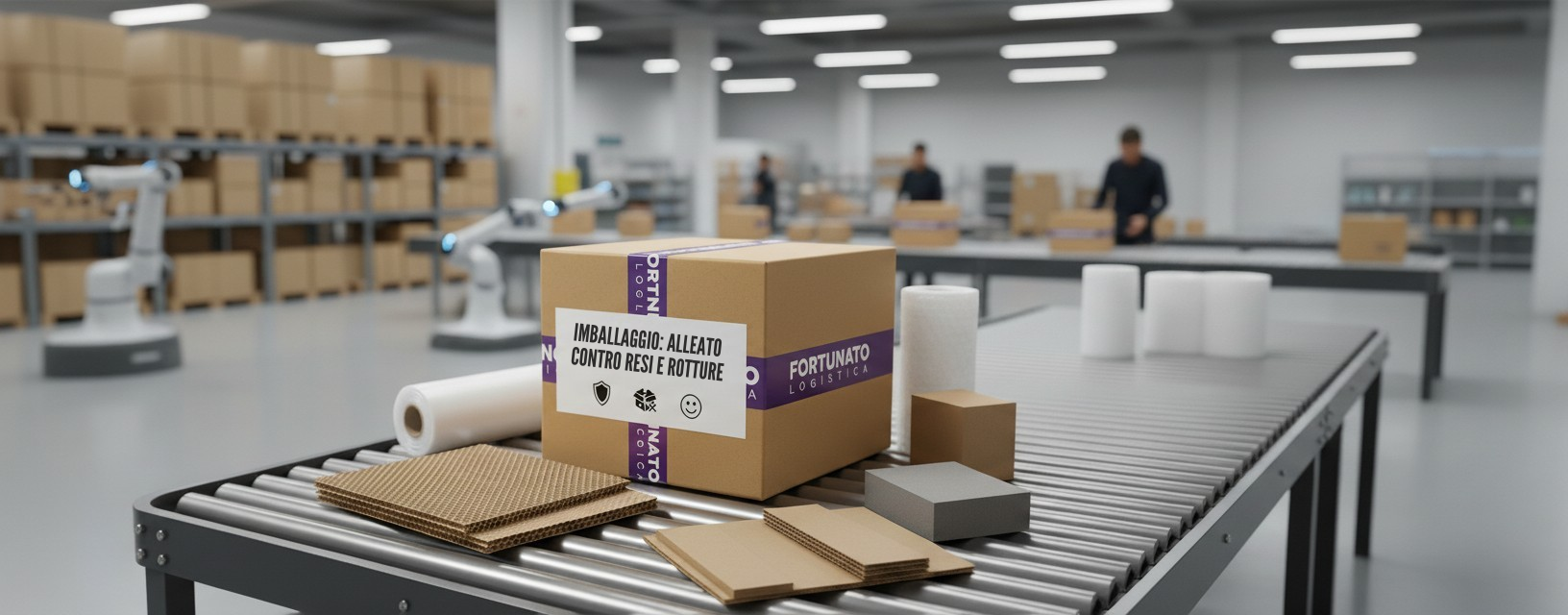 Rappresentazione visiva di un imballaggio ottimizzato su un nastro trasportatore in un magazzino moderno, simboleggiante l'efficienza logistica e la prevenzione di rotture e resi. Elementi di protezione dell'imballaggio visibili.