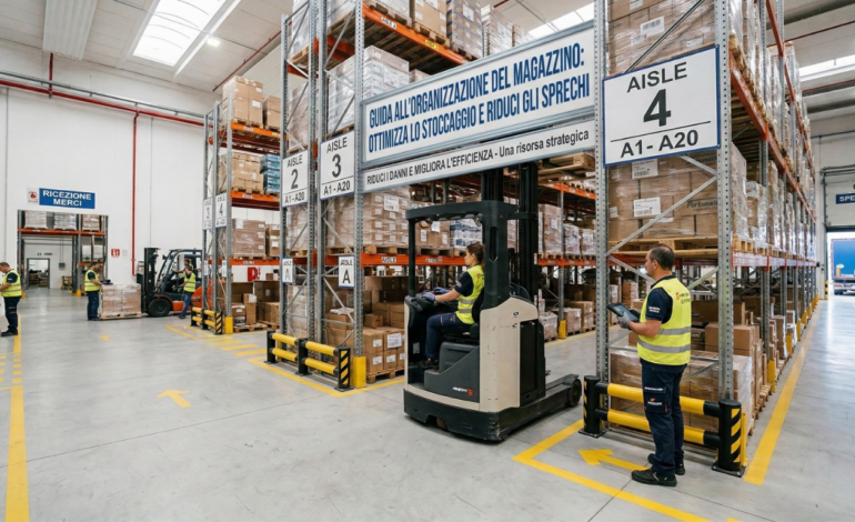 Magazzino logistico moderno e organizzato con scaffalature industriali, segnaletica orizzontale gialla e operatori che gestiscono lo stoccaggio per ridurre gli sprechi.