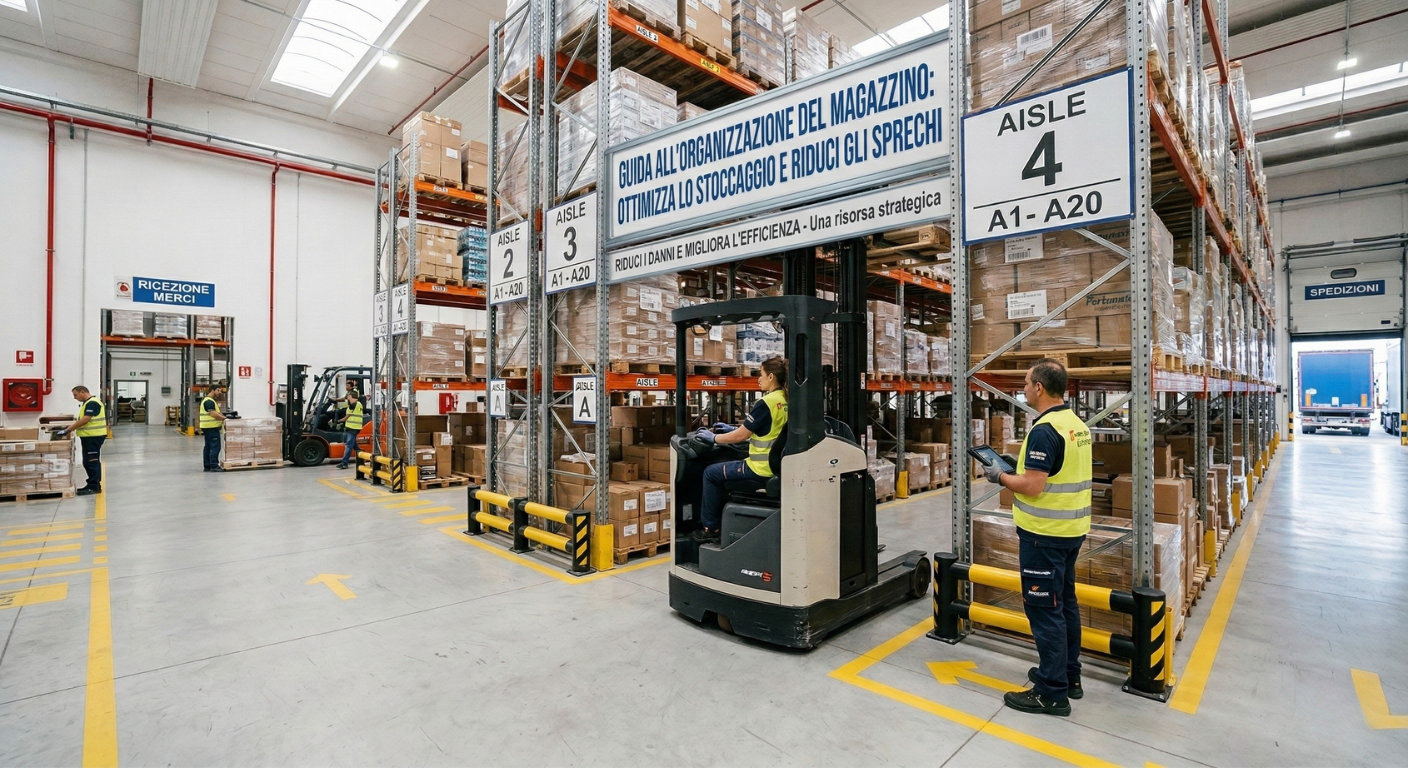 Magazzino logistico moderno e organizzato con scaffalature industriali, segnaletica orizzontale gialla e operatori che gestiscono lo stoccaggio per ridurre gli sprechi.