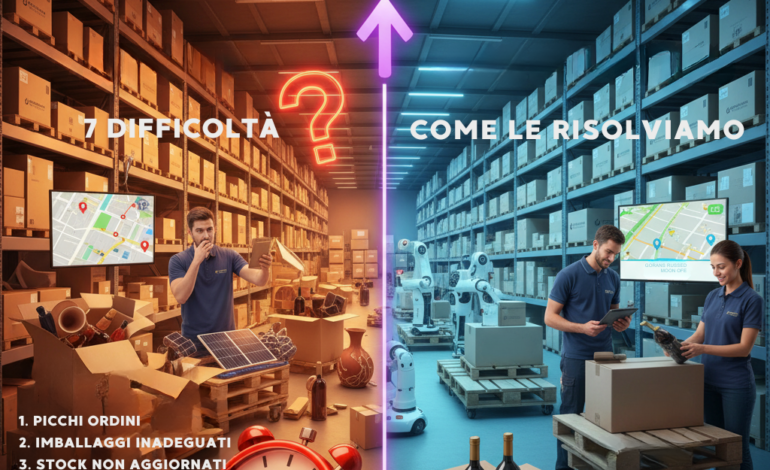 Infografica sulle 7 difficoltà della logistica e-commerce e come Fortunato Logistica le risolve. Mostra un magazzino diviso tra problemi (disordine, imballaggi rotti, orologio che segna ritardo) e soluzioni (magazzino organizzato, operatori efficienti, prodotti ben imballati).