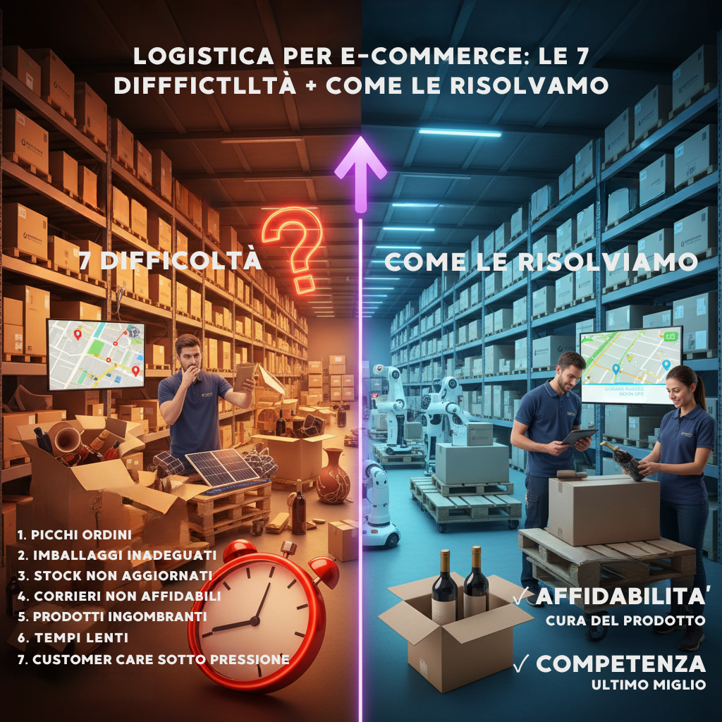 Infografica sulle 7 difficoltà della logistica e-commerce e come Fortunato Logistica le risolve. Mostra un magazzino diviso tra problemi (disordine, imballaggi rotti, orologio che segna ritardo) e soluzioni (magazzino organizzato, operatori efficienti, prodotti ben imballati).