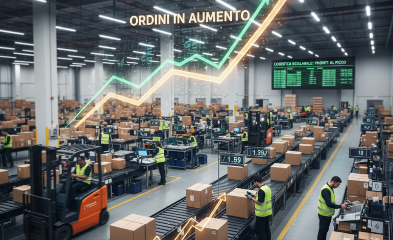 Magazzino e-commerce in picco con operai e carrelli elevatori, frecce di crescita degli ordini e dashboard di monitoraggio, simboleggiando una logistica pronta per i momenti di alta domanda.