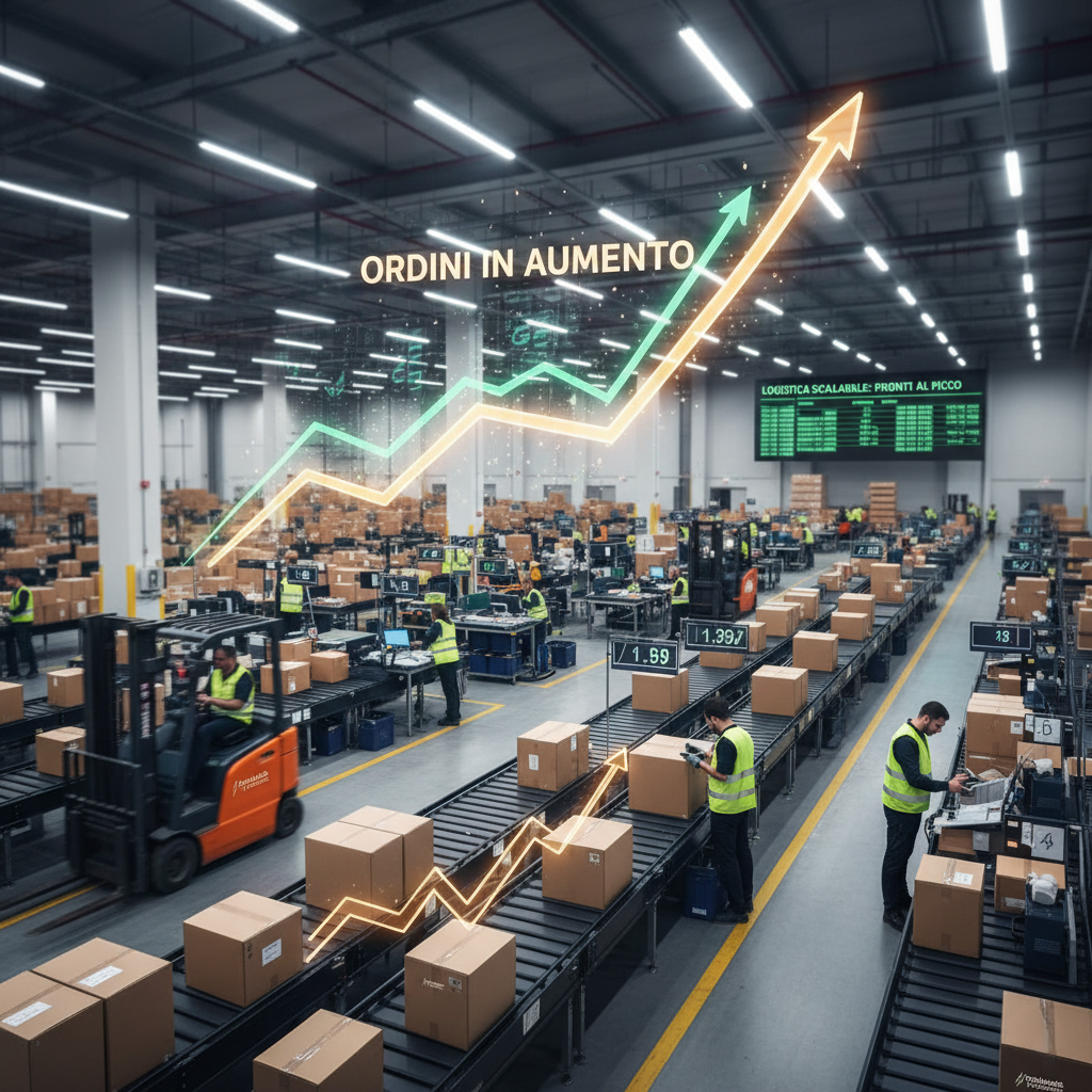 Magazzino e-commerce in picco con operai e carrelli elevatori, frecce di crescita degli ordini e dashboard di monitoraggio, simboleggiando una logistica pronta per i momenti di alta domanda.
