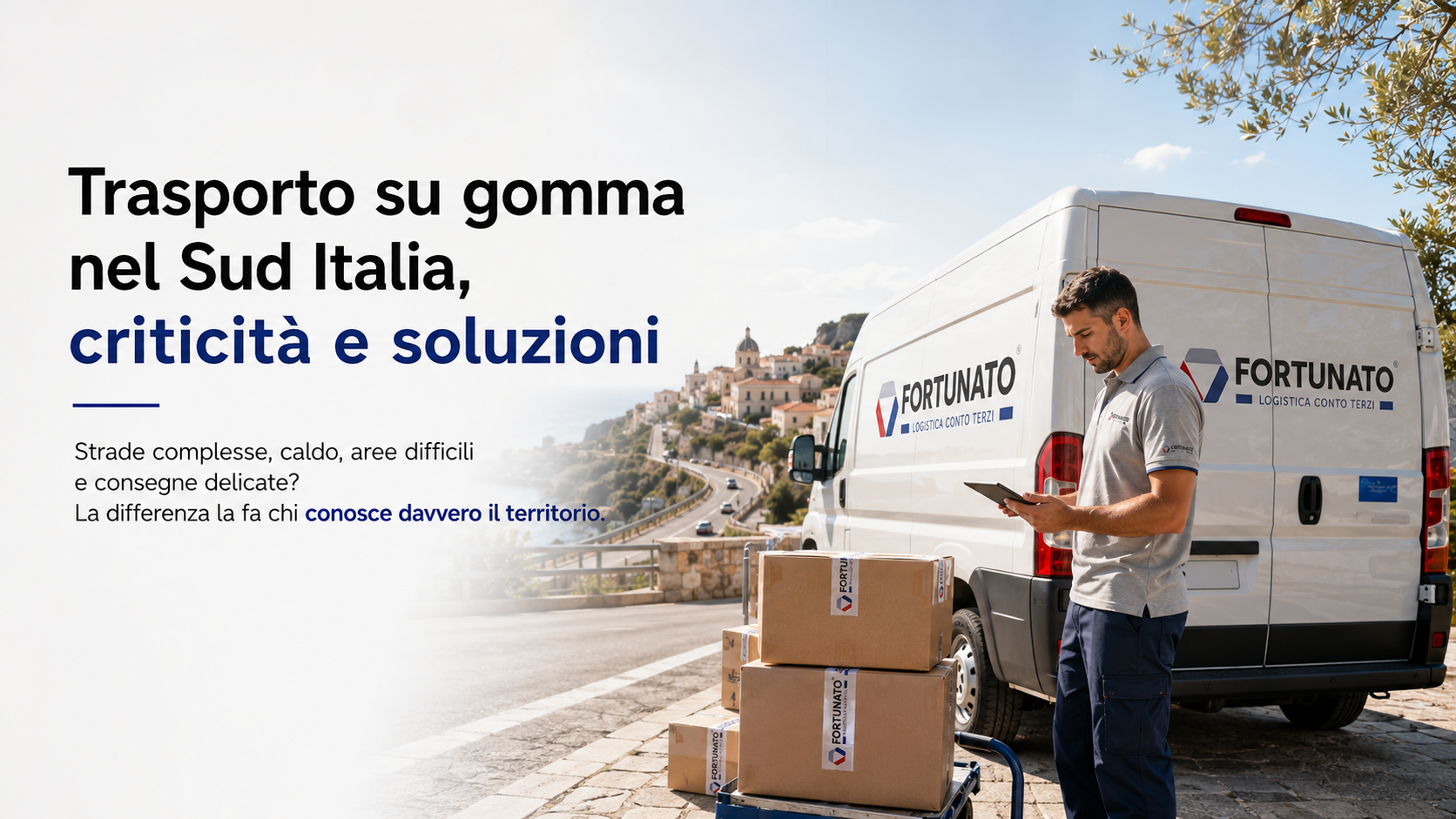 Furgone Fortunato Logistica con autista e pacchi in consegna nel Sud Italia, simbolo di trasporto su gomma efficiente anche su strade complesse, caldo e aree difficili